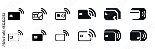 Contactless payment icons set: nfc, chip, wireless, interface, technology symbols