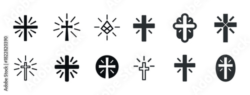 Collection of cross icons with radiating designs in black and white