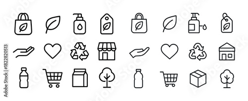 Set of eco-friendly icons: shopping, recycling, nature elements