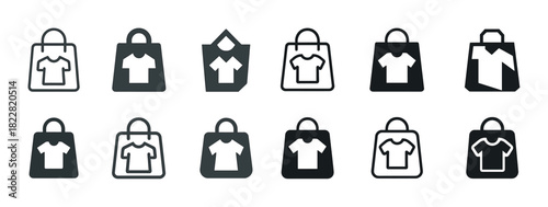 Collection of black and white shopping bag icons with t-shirt designs
