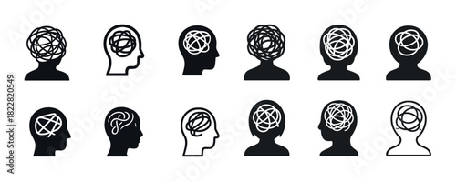 Silhouettes showing mental chaos with scribbled lines in heads