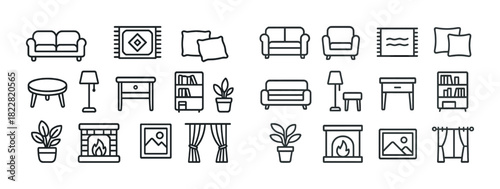 Home furnishing icons: sofa, armchair, rugs, pillows, tables, decor elements in minimalist design