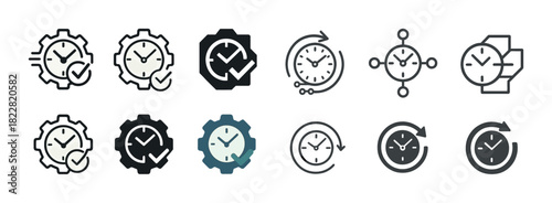 Set of gear clock icons: time management and scheduling symbols