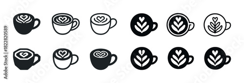 Minimalist coffee cup icons with heart and leaf latte art designs