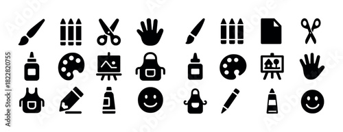 Collection of black art icons: brushes, scissors, palettes, and more