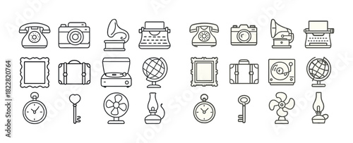 Collection of vintage objects: phones, cameras, typewriters, globes, clocks, keys, and fans