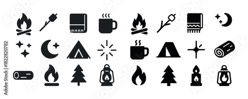 Camping icons: fire, tent, moon, lantern, tree, mug, marshmallow, log, blanket