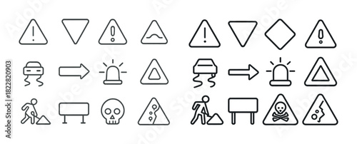 Collection of various road and hazard warning signs