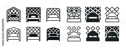 Set of twelve unique bed frame icons in black and white