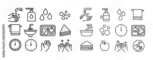 Handwashing hygiene: icons of soap, water, wash, towel, and timer