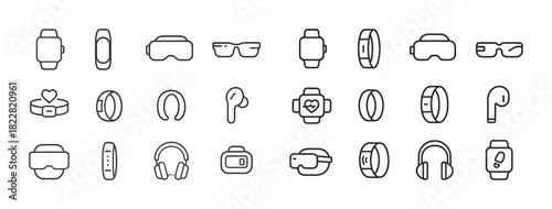 Line art icons of wearable tech devices: watch, headphones, fitness tracker, vr headset, earbuds
