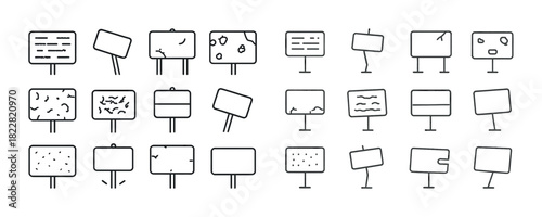 Collection of hand-drawn blank signs on stands in various shapes and sizes