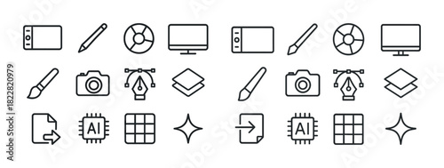 Outline icons of digital design tools: tablet, camera, monitor, software elements