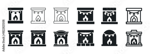 Collection of decorative fireplace icons with various designs