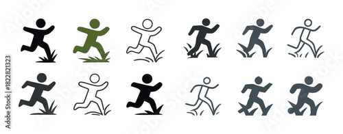 Silhouette figures running and walking in various styles and colors