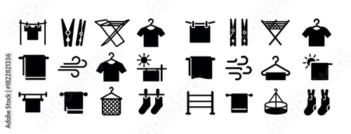 Laundry icon set: hangers, towels, drying racks, clotheslines, clothespins