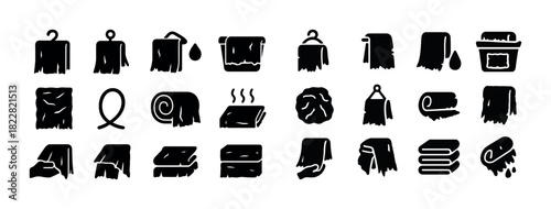 Collection of various black towel icons on white background