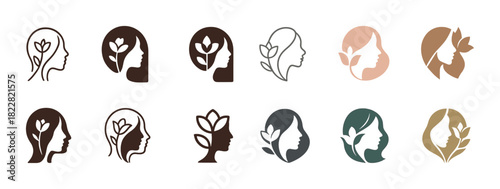 Female silhouettes with floral elements in diverse styles and colors