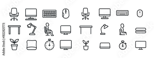Office equipment icons collection: chairs, desks, computers, lamps, plants