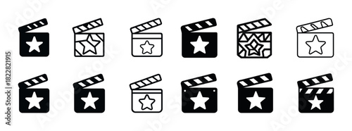 Set of film clapperboard icons with star designs in various styles and patterns