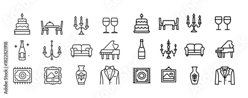 Elegant line art icons of dining, home decor, and celebration elements