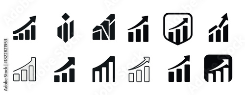 Set of black growth and progress icons with arrow elements