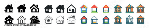 Collection of diverse house icon variations in black, white, and color