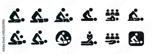Cpr icon set: first aid, resuscitation, emergency care symbols, life-saving techniques