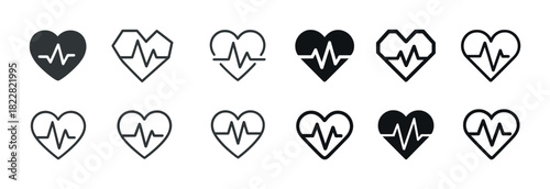 Heart icon set featuring electrocardiogram designs in black and white variations