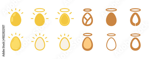 Set of twelve egg illustrations with halos in yellow and brown designs