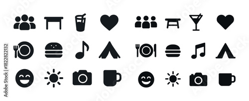 Collection of diverse icon set featuring recreation and food symbols