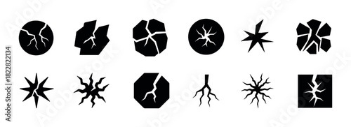 Collection of various crack and fracture icons in black silhouette