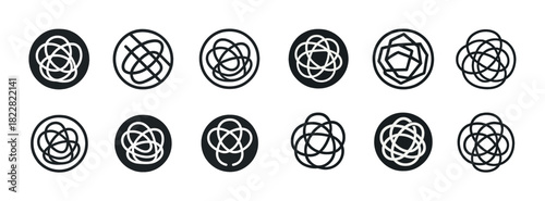 Twelve monochrome abstract circle designs: geometric line patterns