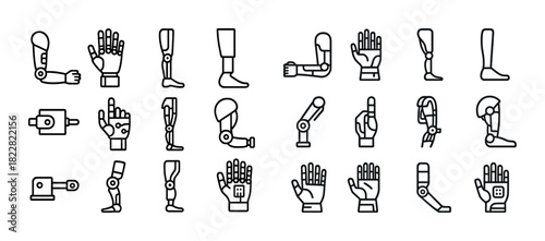 Collection of robotic arm and leg prosthetic icons