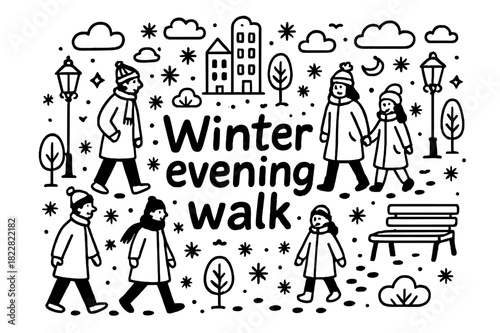 Winter Stroll Doodle. Winter evening walk. Hand-drawn doodle illustration of winter evening walk. People