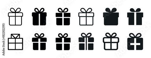 Collection of gift box icons with bows in various styles and shapes