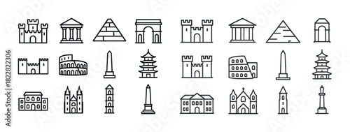 Iconic world landmarks in line art: castles, temples, pyramids, arches, obelisks