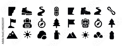 Outdoor adventure icons: hiking boots, compass, backpack, rope, mountain symbols