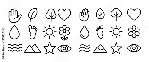 Set of nature and wellness icons: hands, leaves, hearts, footprints, sun, flowers, waves, mountains, star, eye