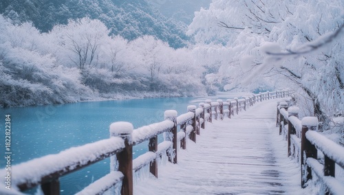 Winter Wonderland, Serene Snowscape Along a Frozen Lakeside Path