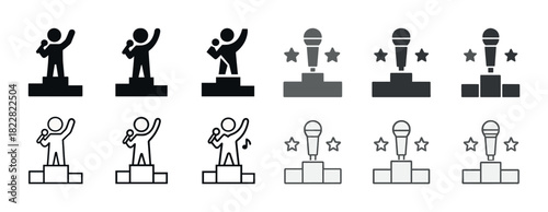 Icon set of people with microphones and trophies in various styles