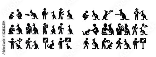 Icons illustrating human and kangaroo interactions: play, observation, interaction