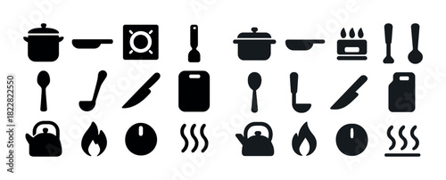 Cooking icons: kitchen utensils and appliances in black silhouettes