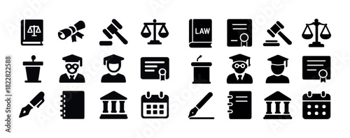 Law and education icons collection: gavel, diploma, scales, certificate, podium