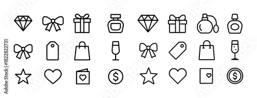 Outline icons of gifts, perfume, diamonds, shopping, and wine glasses