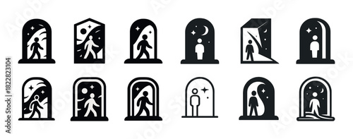 Silhouette portals: abstract figures with cosmic and geometric designs