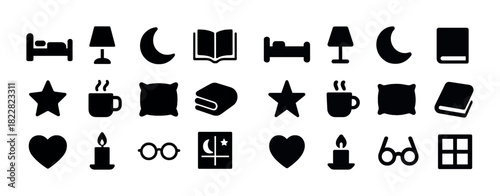 Bedtime icon set: bed, lamp, moon, book, star, coffee, pillow, heart, candle, glasses, window