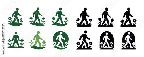 Silhouetted figures walking among flowers in nature icons