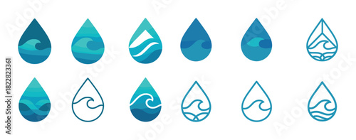 Set of abstract water droplet icons with wave patterns in various styles