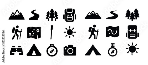 Set of black outdoor hiking icons: mountains, trees, backpack, map, hiking stick, sun, camper